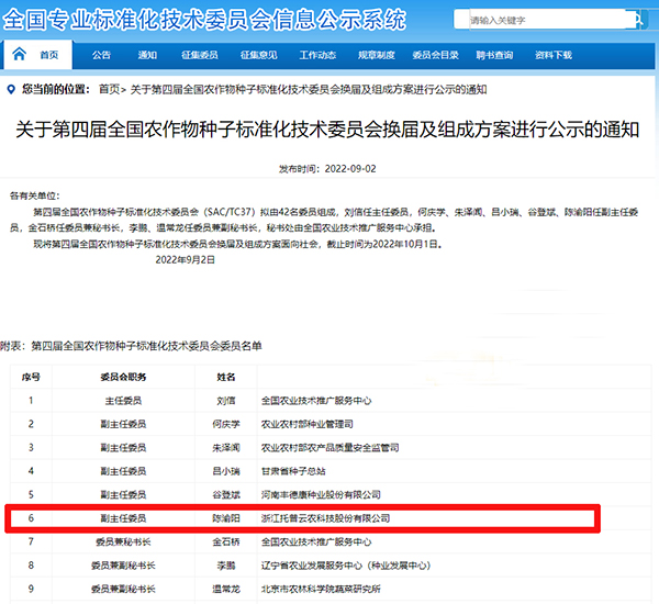 董事长陈渝阳入选全国农作物向日葵视频色版APP苹果标准化技术委员会副主任委员